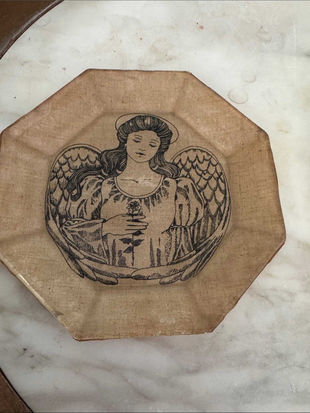 Decoupage fabric, angel octagon plate Beige and Black Angel Glass Art